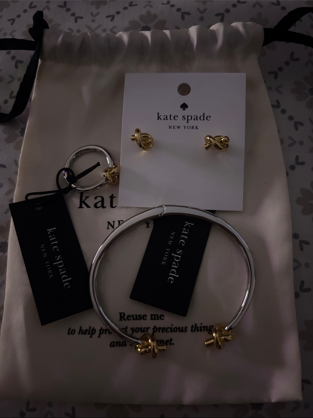 Kate Spade Two-Tone Double Knot Bracelet, Ring and Earings Set